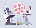 Female scientist, laboratory microscope for germs, viruses, bacteria study Royalty Free Stock Photo