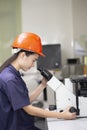 Female scientist looking in microscope in laboratory Royalty Free Stock Photo