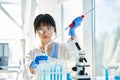 Female scientist making microbiology research using pipette, flask and test tubes working in modern chemical lab