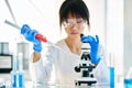 Female scientist making microbiology research using pipette, flask and test tubes working in modern chemical lab