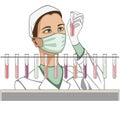 Female scientist looking at test tubes with samples, no background
