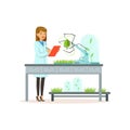 Female scientist and robotic arm conducting experiments in a modern laboratory, robotic arm working and testing green