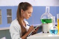 Female scientist with sample in glass flask working in laboratory