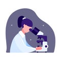 Female scientist sitting at a table and looking through a microscope. Royalty Free Stock Photo