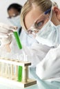 Female Scientist with Test Tube of Green Liquid Royalty Free Stock Photo