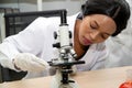 Female Scientist using Microscope in Laboratory. Female Researcher wearing white Coat sitting at Desk and looking at Samples.