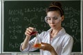 female scientist in white coat and glasses holding laboratory flask with red liquid