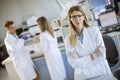 Female scientist in white lab coat standing in the biomedical lab Royalty Free Stock Photo