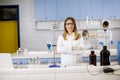 Female scientist in white lab coat standing in the biomedical lab Royalty Free Stock Photo