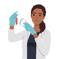 Female scientist working in lab and holding glass test tube and magnifying glasses Royalty Free Stock Photo