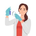 Female scientist working in lab. Holding glass test tube and magnifying glasses Royalty Free Stock Photo