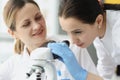 Female scientists chemists looking through microscope in laboratory Royalty Free Stock Photo