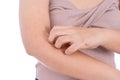 Female scratching her arm isolated white background. Medical, healthcare for advertising concept