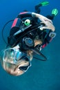 Female scuba diver with hair obscuring her face