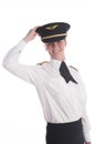 Female senior pilot in uniform smiling Royalty Free Stock Photo