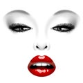 Female sensual red lips and eyes with makeup isolated on white