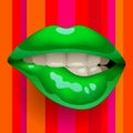 Female gloss green lips on red striped background