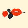 Female sexy gloss red lips with a fresh rose flower in the teeth. Royalty Free Stock Photo