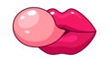 Female sexy lips. Pink girl mouth with gum bubble. Cartoon isolated fashionable sticker, vector glamour patch for