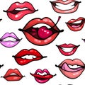 Female lips seamless pattern fashion print. Mouth with cherry pepper biting, smile, tongue, teeth on white