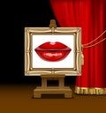 Female sexy red lips in a gold frame on a easel against a red curtain