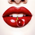 Female sexy red lips with a juicy cherry. Red lips and white teeth holding a cherry in opened mouth. Cherry lips illustration.