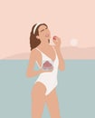 Female shape. Modern Fashion woman on contemporary background. Boho Girl in a swimsuit with peaches. Blue sea. Abstract