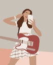Female shape. Modern Fashion woman on contemporary background. Girl with a rock guitar takes a selfie. Abstract Boho