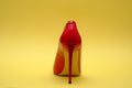 female shiny red stilettos on a yellow background