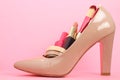 Female shoes filled with cosmetics