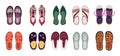 Female shoes top view. Colorful slippers, sandals and sneakers. Different types women footwear. Lacing and buckles