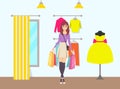 Female Shopaholic Bags Walking from Store Vector