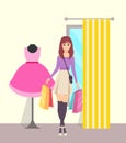 Female Shopaholic with Paper Bags in Store Vector
