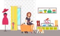 Female Shopaholic Shopping in Shoes Store Vector