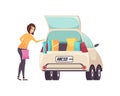 Female Shopaholic Woman with Bags and Car Vector