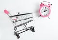 Female shopping time. Shopping cart and alarm clock pink color on a white background.