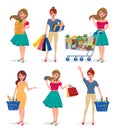 Female shopping vector characters set. Girl shopper holding shopping bags Royalty Free Stock Photo