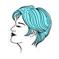 Female short haircut in blue isolate on a white background. Vector graphics