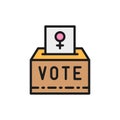 Female sign on the ballot, women voting, feminism flat color line icon.