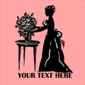 Female silhouette in antique dress. Text template. Pretty woman with bouquet on a table Royalty Free Stock Photo