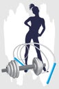 Female silhouette and dumbbell with jumping rope Royalty Free Stock Photo