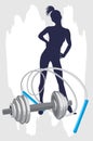 Female silhouette and dumbbell with jumping rope