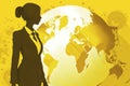 Female silhouette with globe behind in business scene on yellow background. Generative AI. Royalty Free Stock Photo