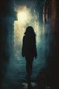 Female silhouette walking in a dark urban alley at night. Royalty Free Stock Photo