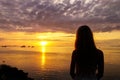 Female Silhouette Watching Sunset Sea View Royalty Free Stock Photo