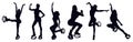 Female silhouettes doing exercises in kangoo jump boots like knee up, jacks, pendulum, seethes, squat, leg swing