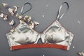 Female silk underwear with spring blossom. Satin silver bra with lace. Sexy clothing for women with flowers