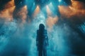 Female singer with curly hair on stage in bright lights and smoke