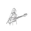 Female singer with electric bass guitar and microphone illustration vector hand drawn isolated on white background line art Royalty Free Stock Photo