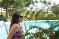 Female Sits Near By Swimming Pool at Summer Time Phone Bozcaada in Canakkale Turkey 2017